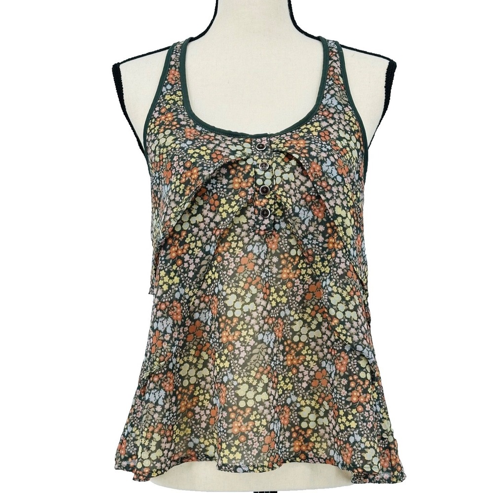 Fun & Flint Sheer Racerback‎ Tank Top Dark Green Floral Chiffon Women's Small